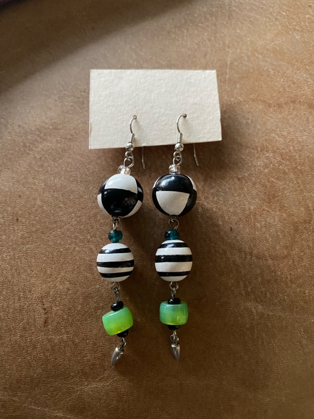 Black & White Striped Bead Dangle Earrings with Lime Green Accent